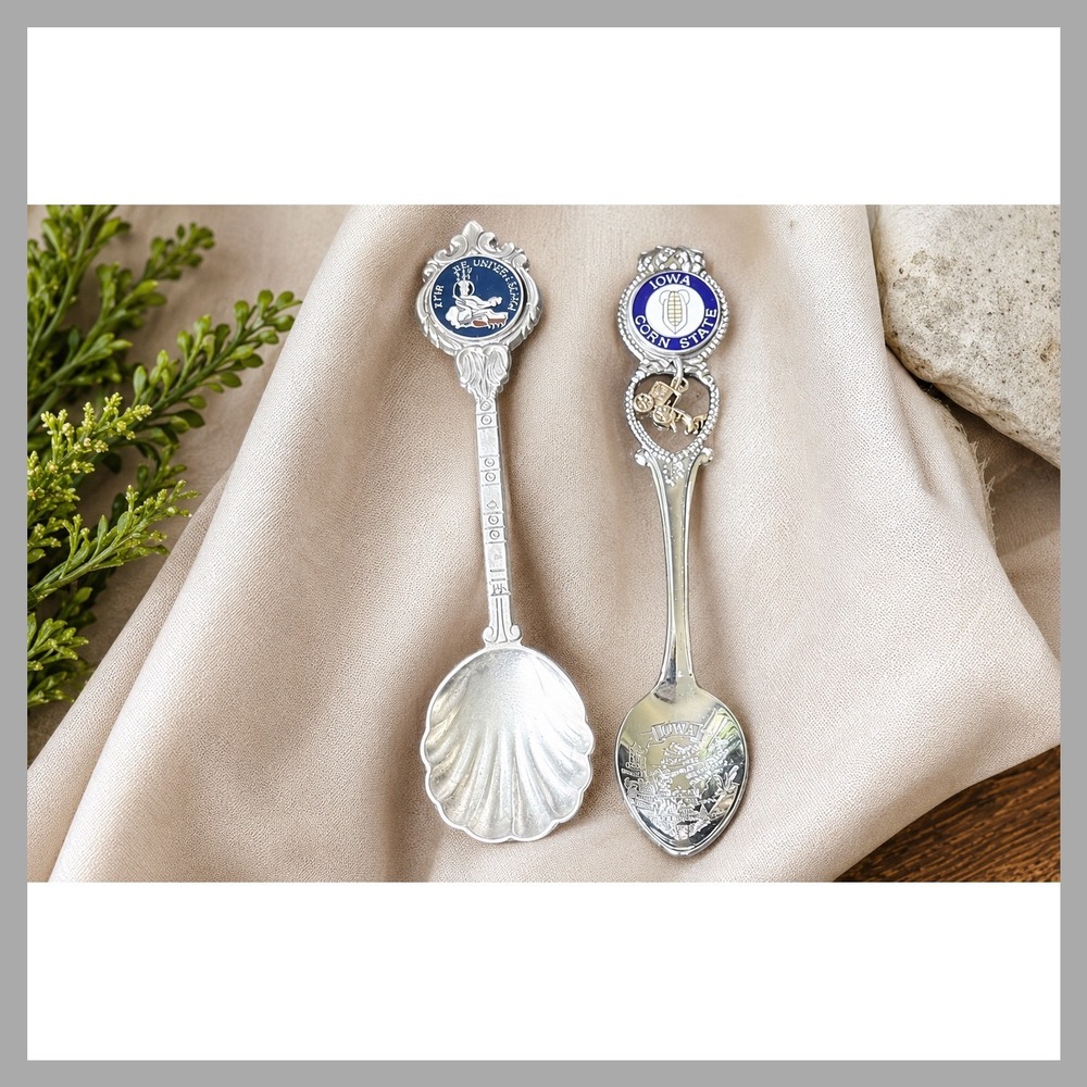 Vintage Iowa Corn State and Apia Samoa Shell Shape Souvenir Spoons Set Silver